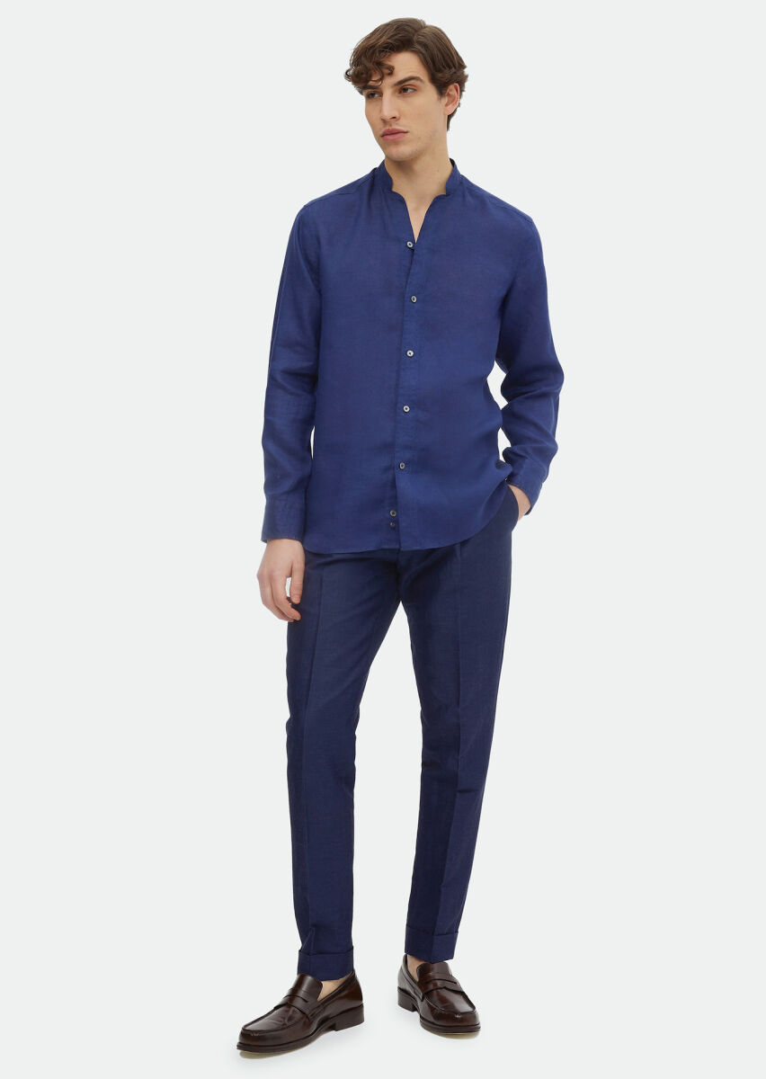 İndigo Düz Regular Fit Uzun Dokuma Casual %100 Keten Gömlek - 2