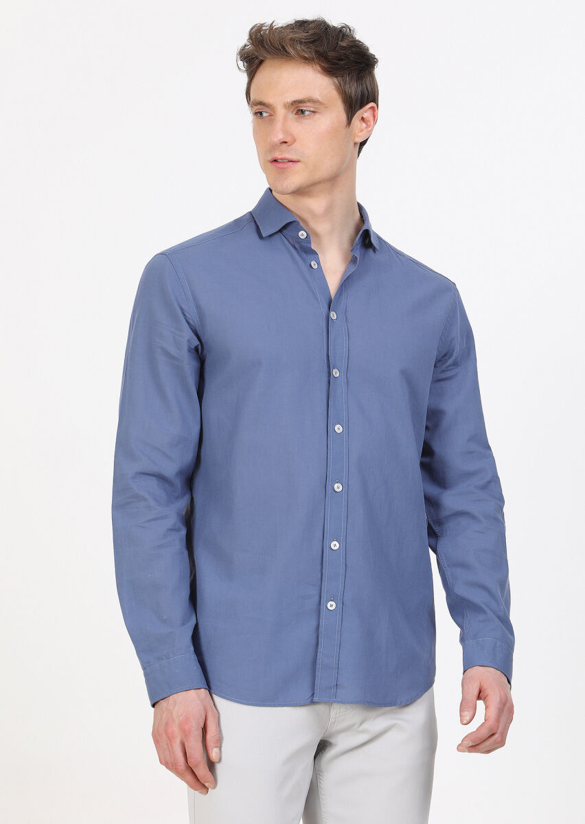 İndigo Düz Regular Fit Uzun Dokuma Casual %100 Pamuk Gömlek - 2