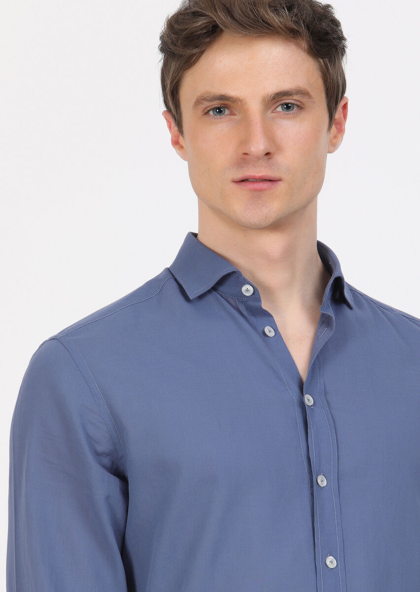 İndigo Düz Regular Fit Uzun Dokuma Casual %100 Pamuk Gömlek - 3