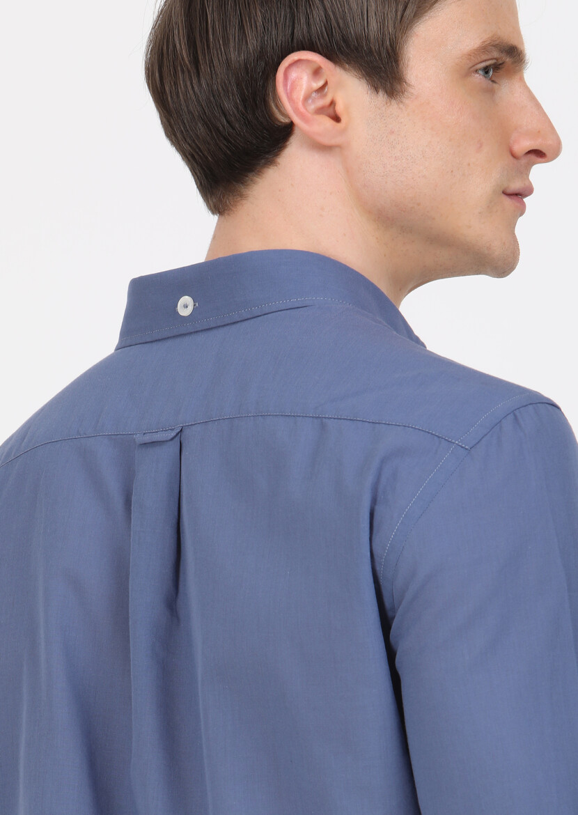 İndigo Düz Regular Fit Uzun Dokuma Casual %100 Pamuk Gömlek - 4