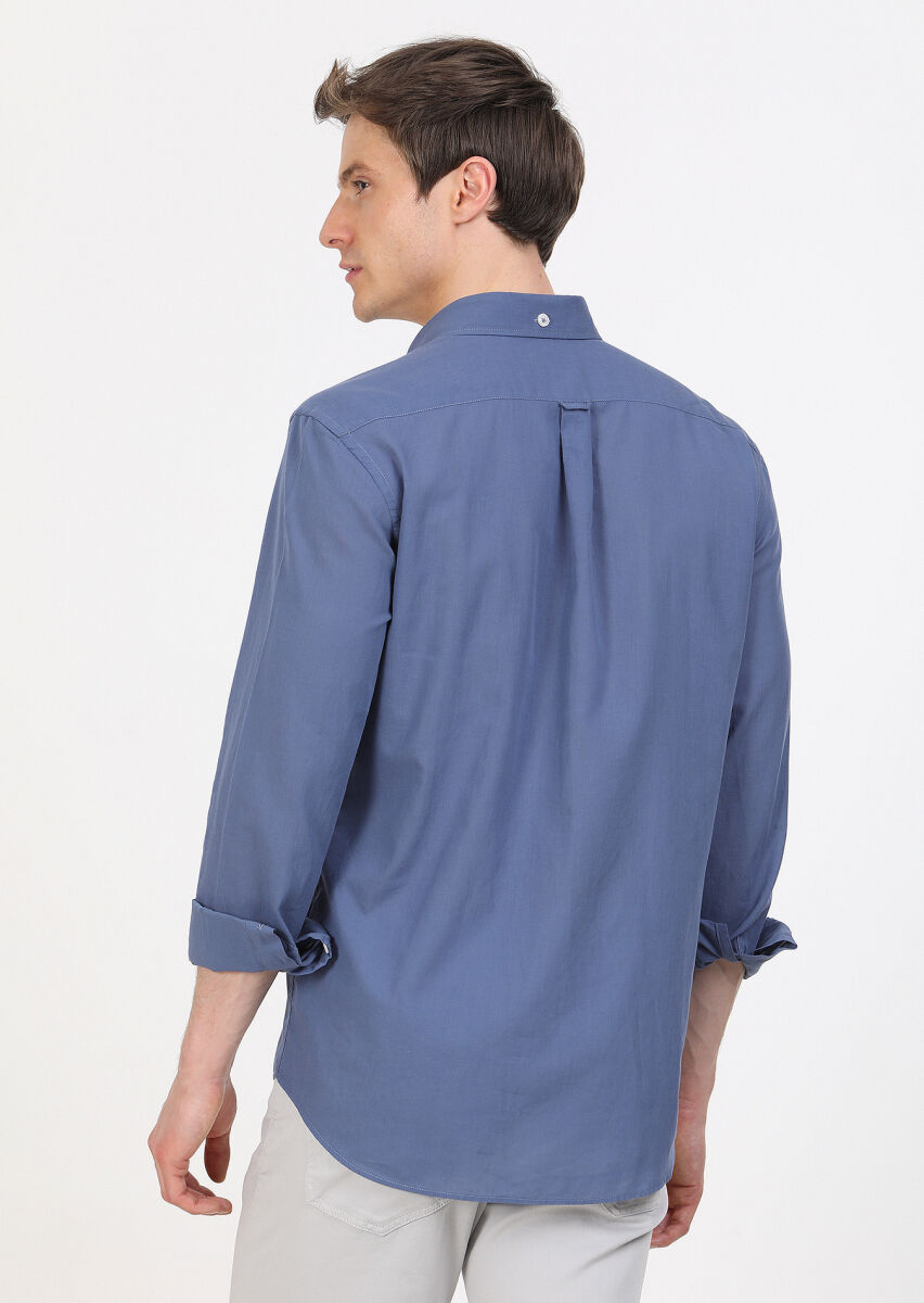 İndigo Düz Regular Fit Uzun Dokuma Casual %100 Pamuk Gömlek - 5