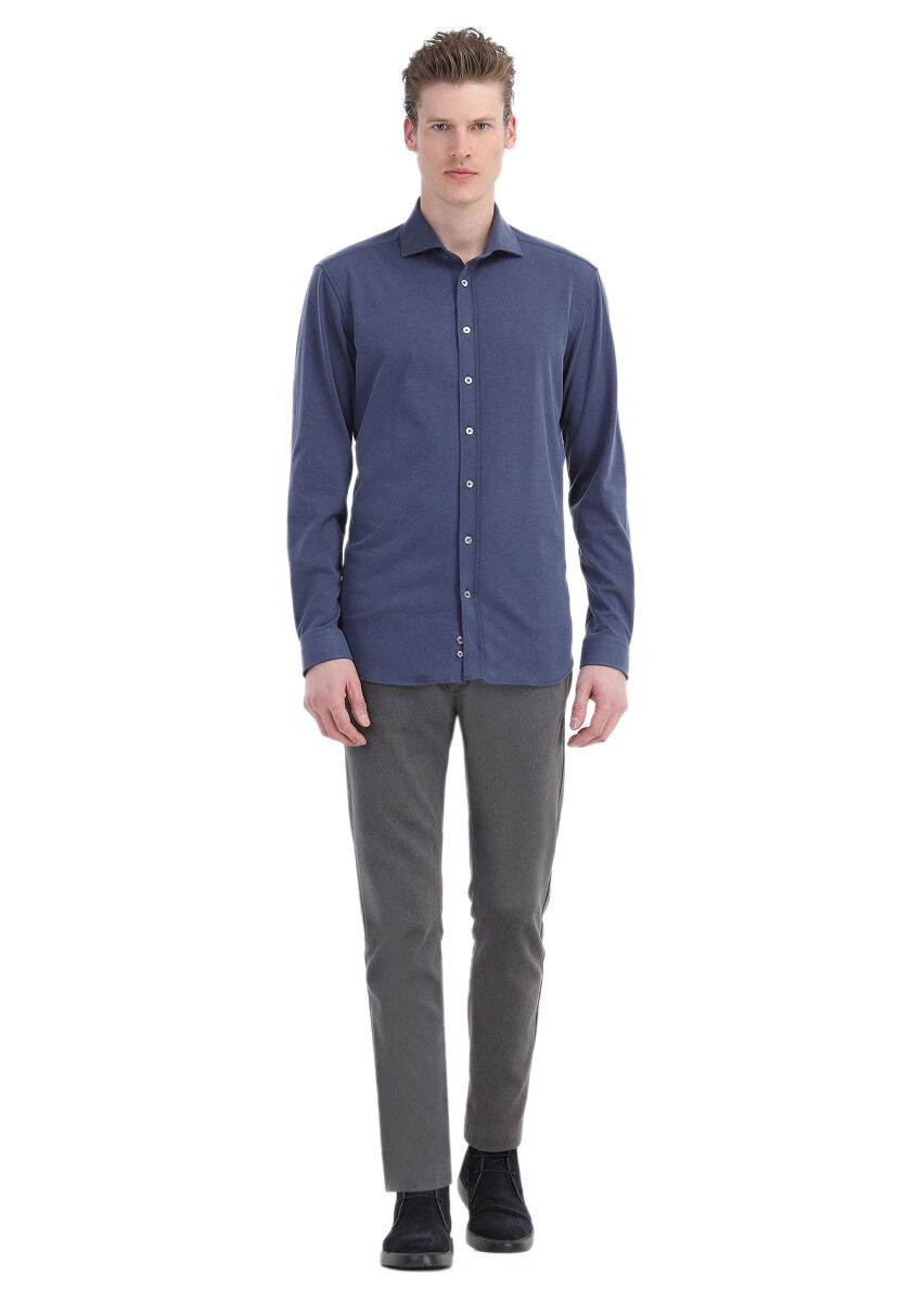 İndigo Düz Regular Fit Uzun Dokuma Casual Gömlek - 2