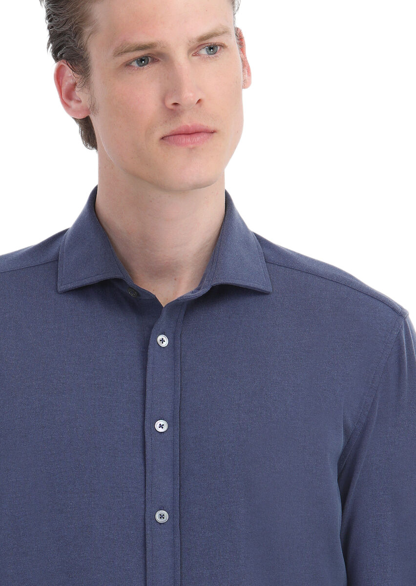 İndigo Düz Regular Fit Uzun Dokuma Casual Gömlek - 3