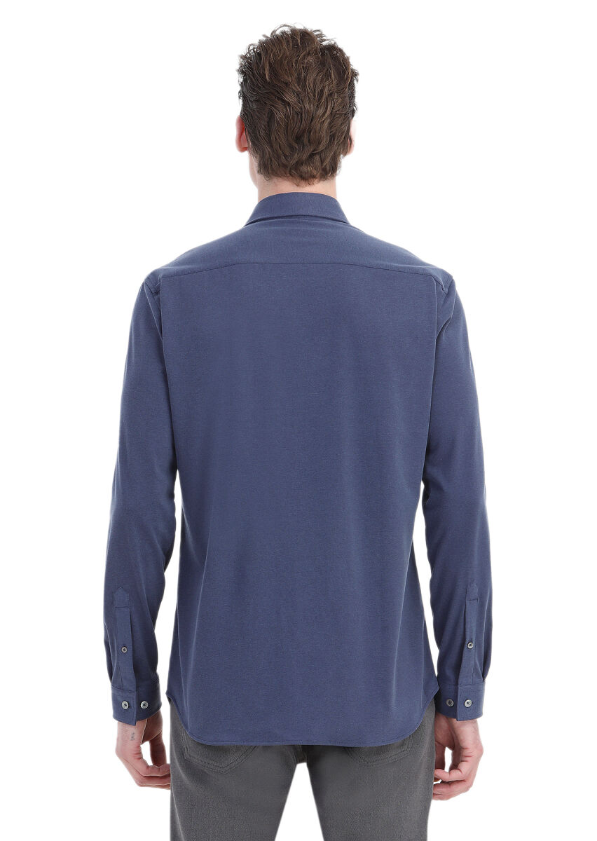 İndigo Düz Regular Fit Uzun Dokuma Casual Gömlek - 5