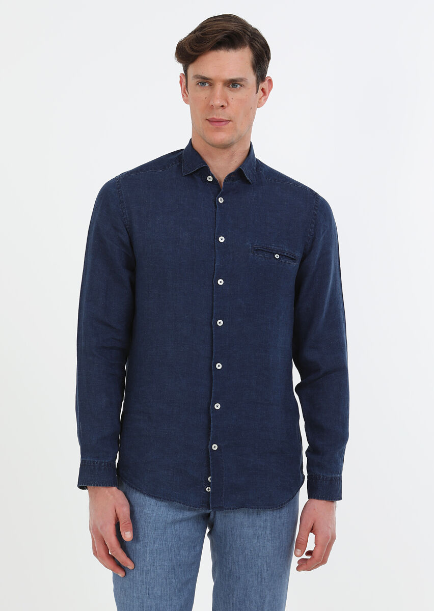 İndigo Düz Regular Fit Uzun Dokuma Casual Pamuk Karışımlı Gömlek - 1
