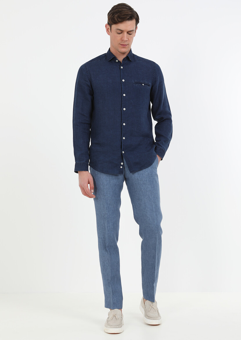 İndigo Düz Regular Fit Uzun Dokuma Casual Pamuk Karışımlı Gömlek - 3