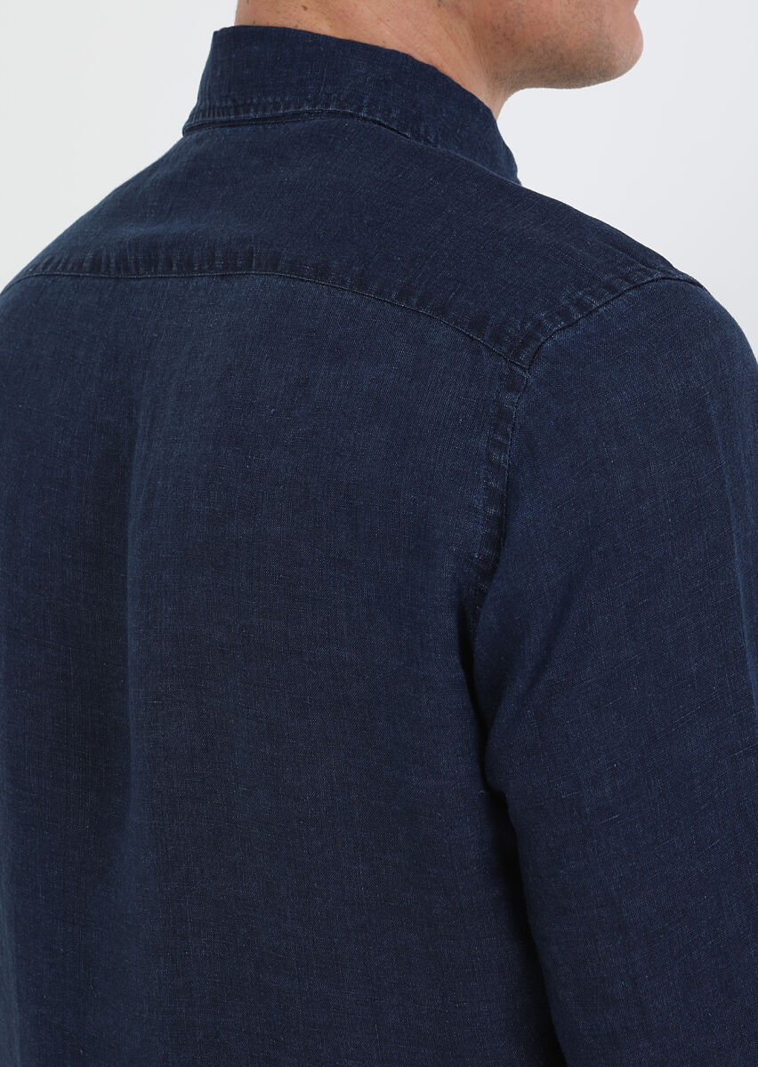 İndigo Düz Regular Fit Uzun Dokuma Casual Pamuk Karışımlı Gömlek - 4