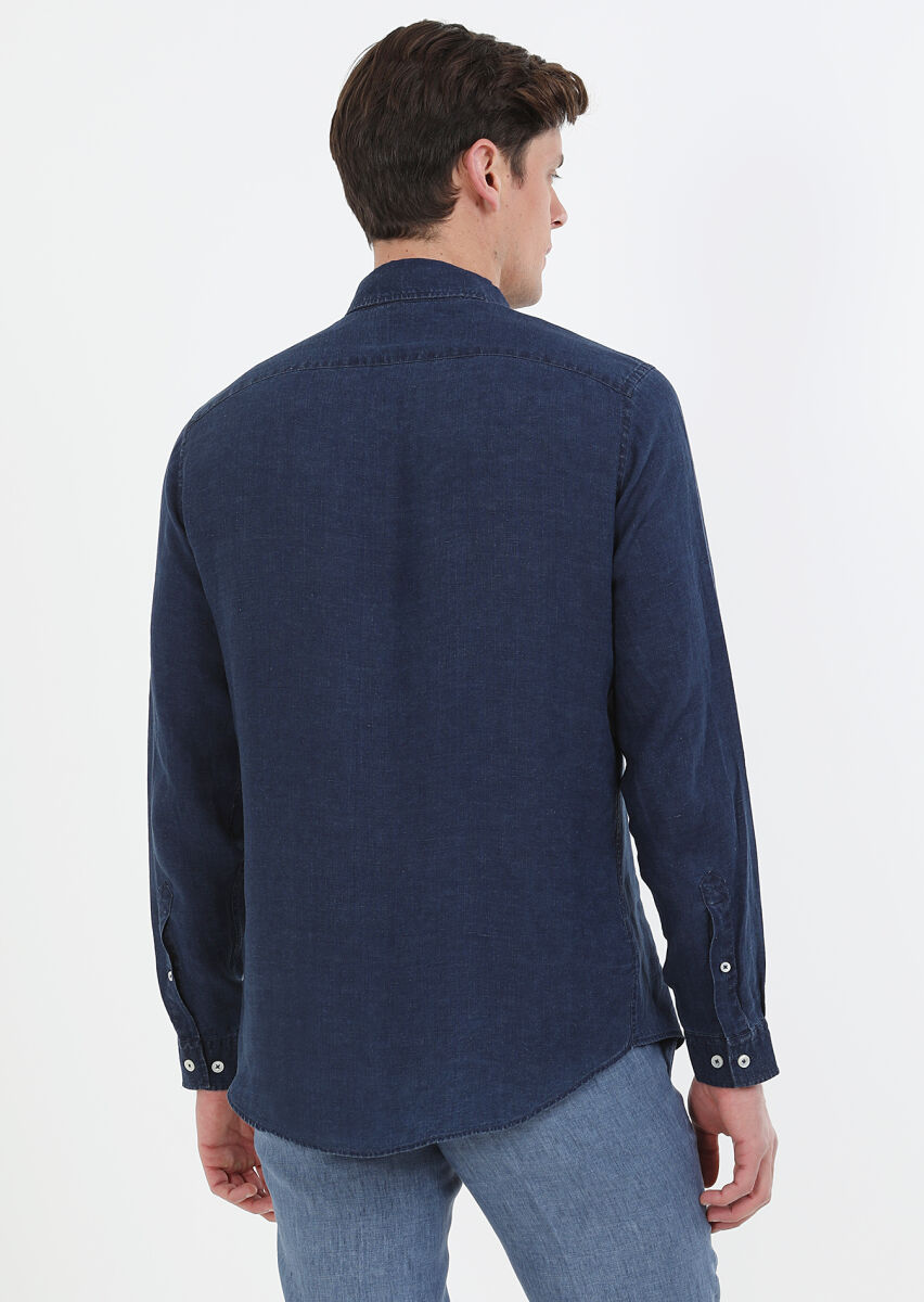 İndigo Düz Regular Fit Uzun Dokuma Casual Pamuk Karışımlı Gömlek - 6