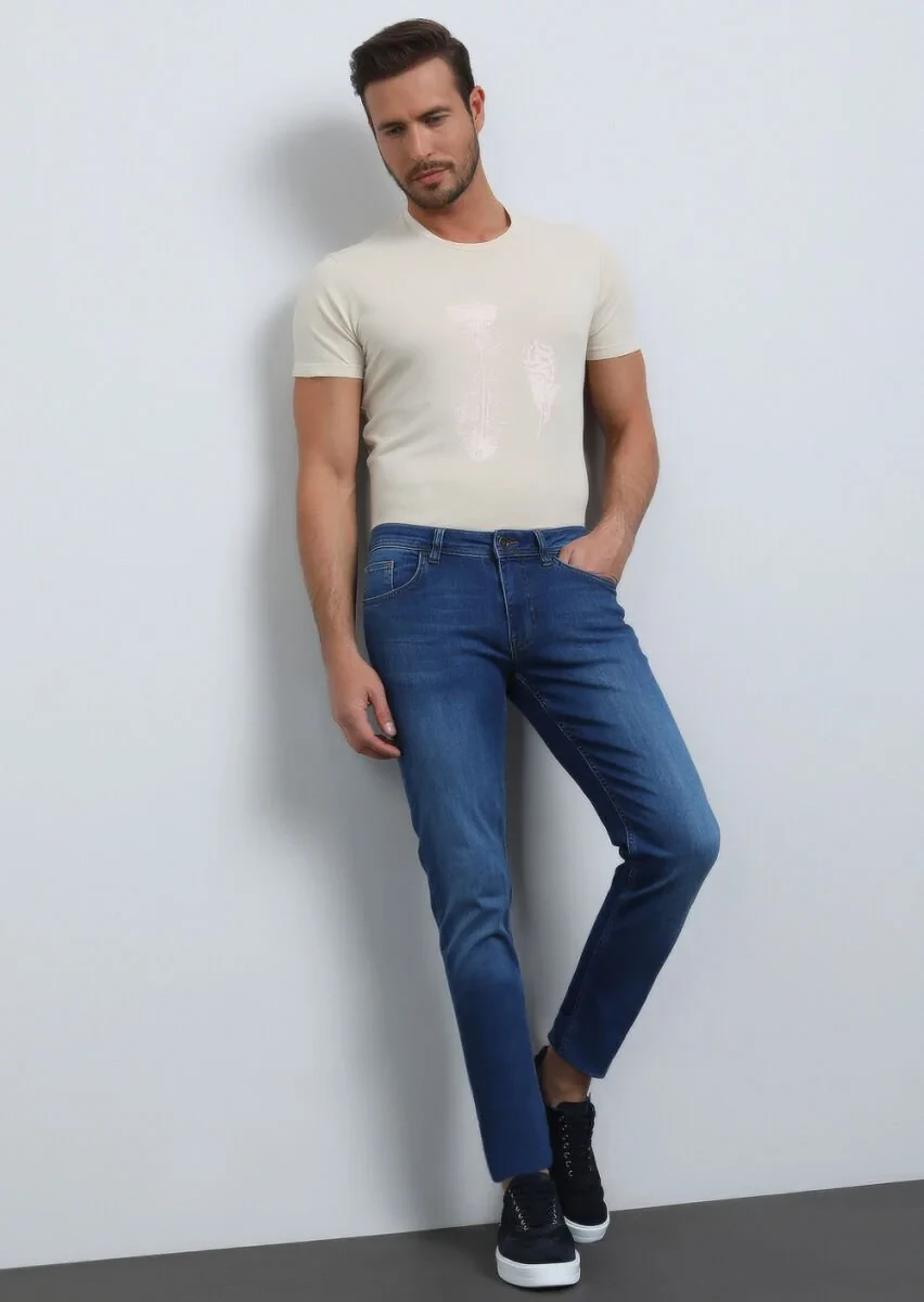 İndigo Düz Slim Fit Denim Pamuk Karışımlı Pantolon - 1