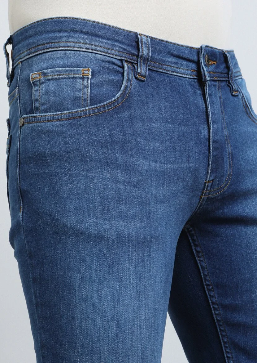İndigo Düz Slim Fit Denim Pamuk Karışımlı Pantolon - 2