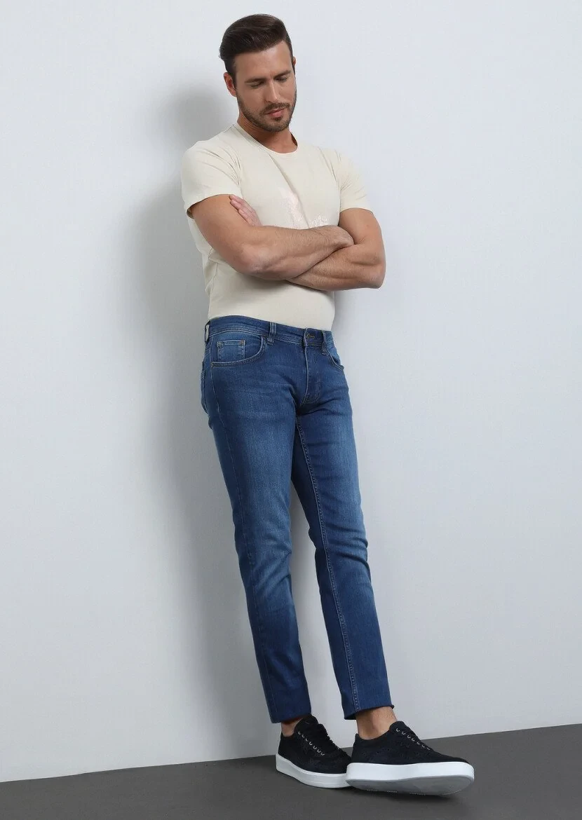 İndigo Düz Slim Fit Denim Pamuk Karışımlı Pantolon - 3