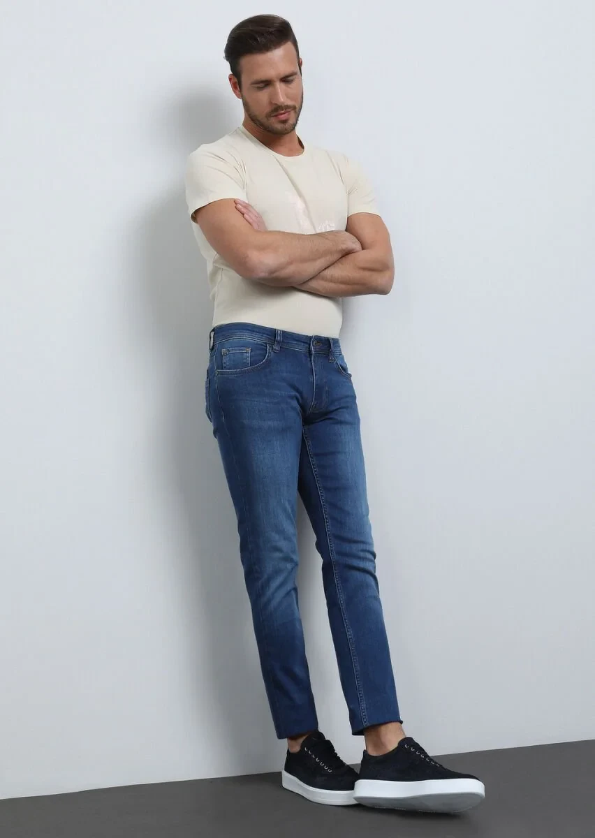 İndigo Düz Slim Fit Denim Pamuk Karışımlı Pantolon - 3