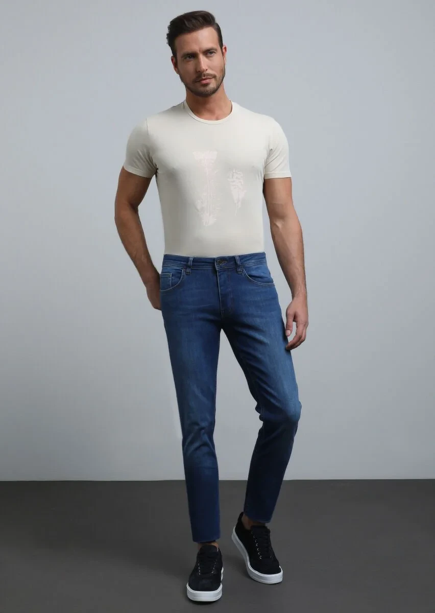 İndigo Düz Slim Fit Denim Pamuk Karışımlı Pantolon - 4