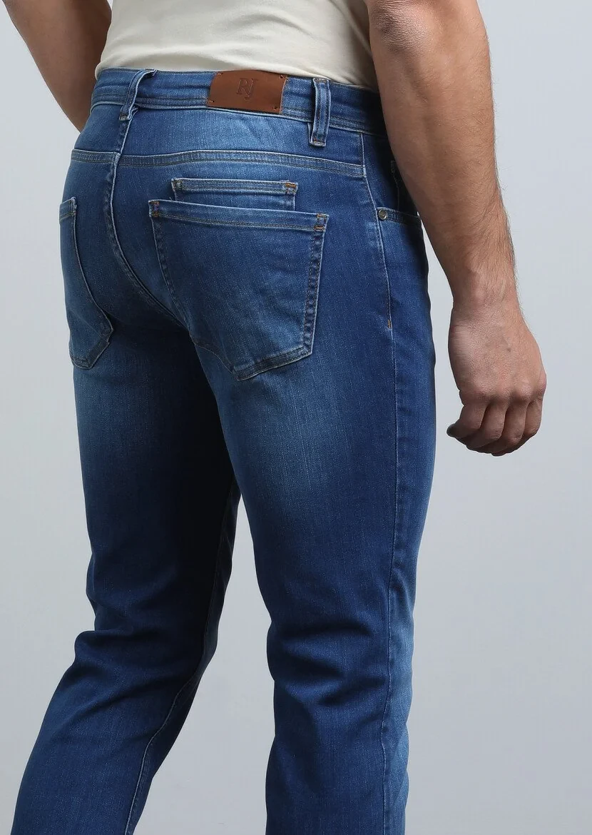 İndigo Düz Slim Fit Denim Pamuk Karışımlı Pantolon - 5
