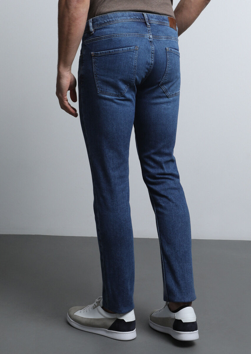 İndigo Düz Slim Fit Denim Pamuk Karışımlı Pantolon - 3
