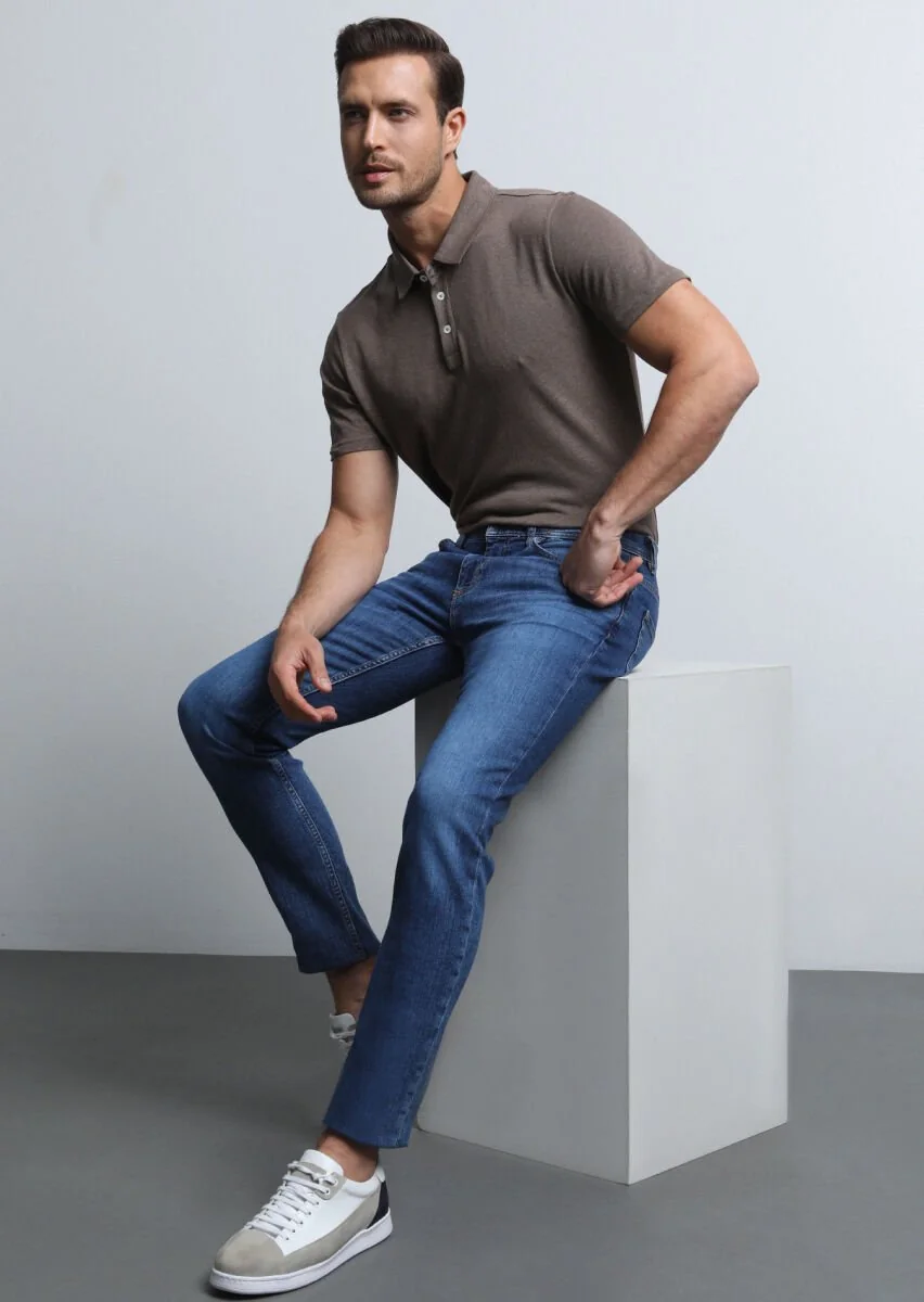 İndigo Düz Slim Fit Denim Pamuk Karışımlı Pantolon - 2