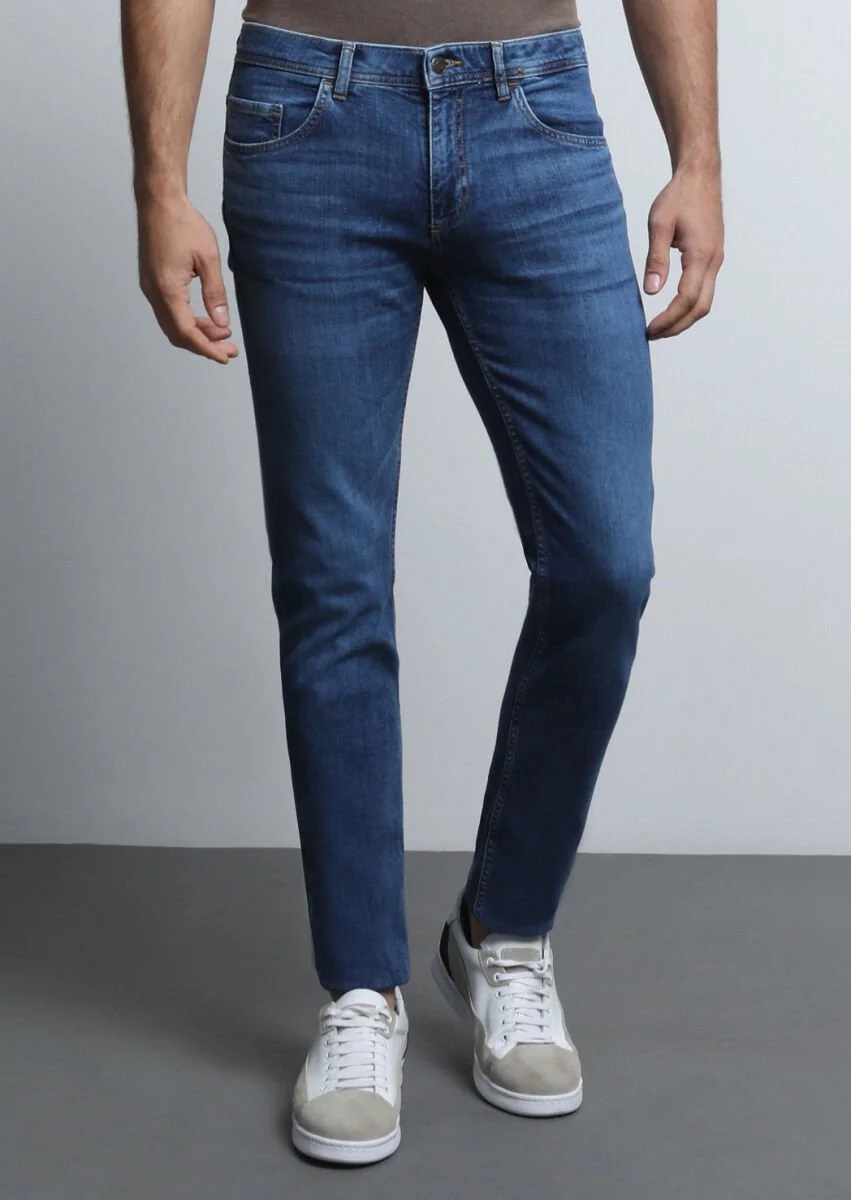 İndigo Düz Slim Fit Denim Pamuk Karışımlı Pantolon - 4