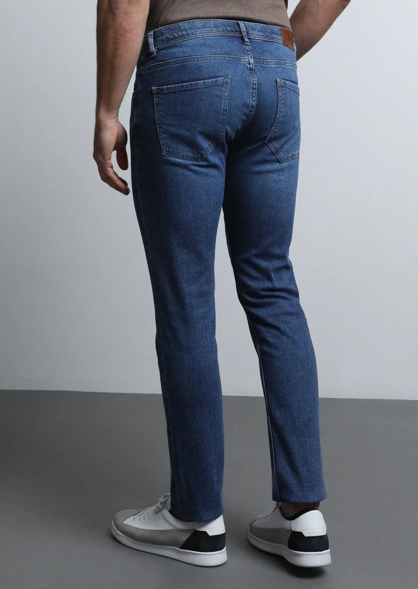 İndigo Düz Slim Fit Denim Pamuk Karışımlı Pantolon - 5
