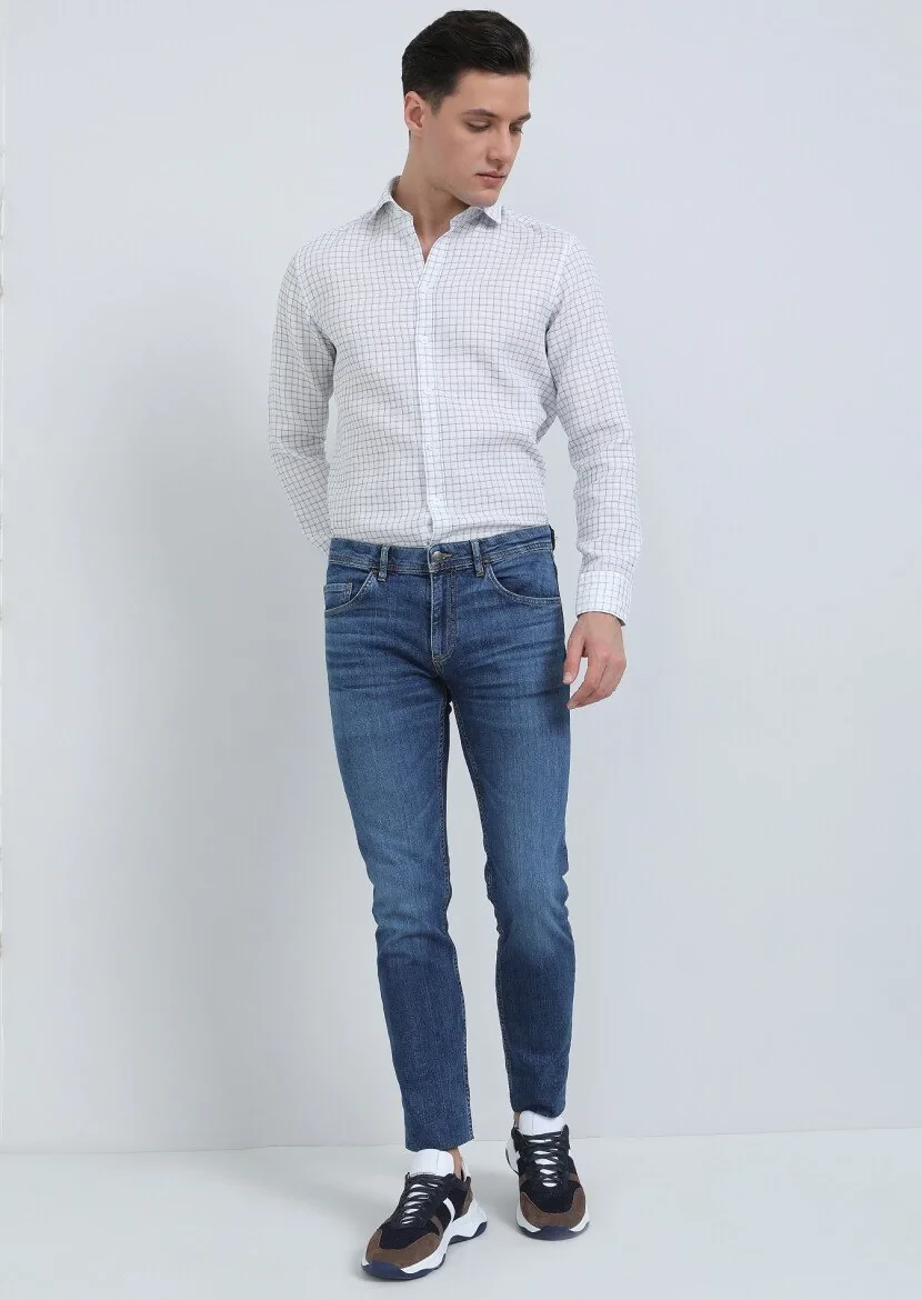 İndigo Düz Slim Fit Denim Pamuk Karışımlı Pantolon - 1