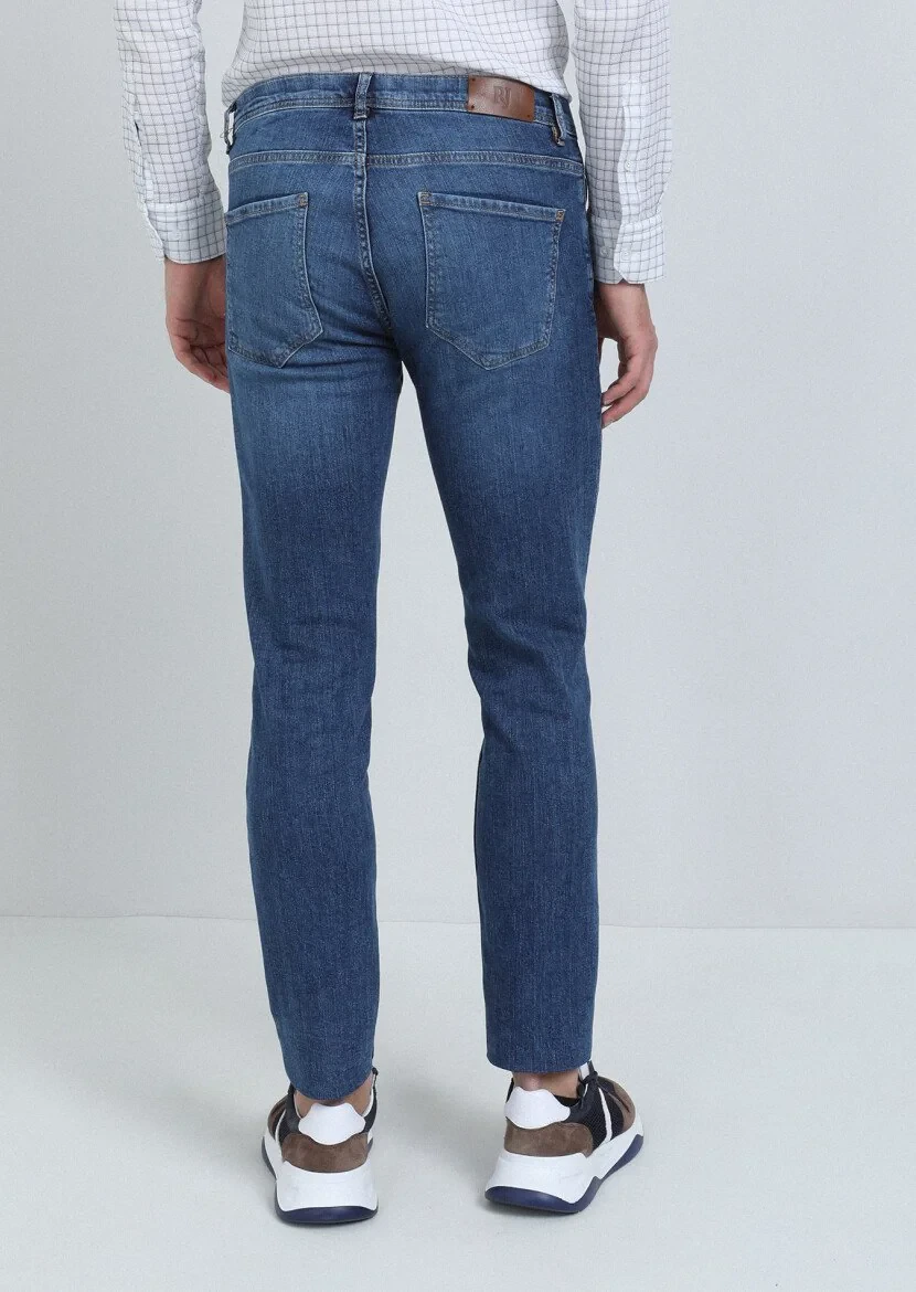 İndigo Düz Slim Fit Denim Pamuk Karışımlı Pantolon - 5