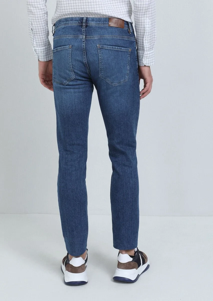 İndigo Düz Slim Fit Denim Pamuk Karışımlı Pantolon - 5