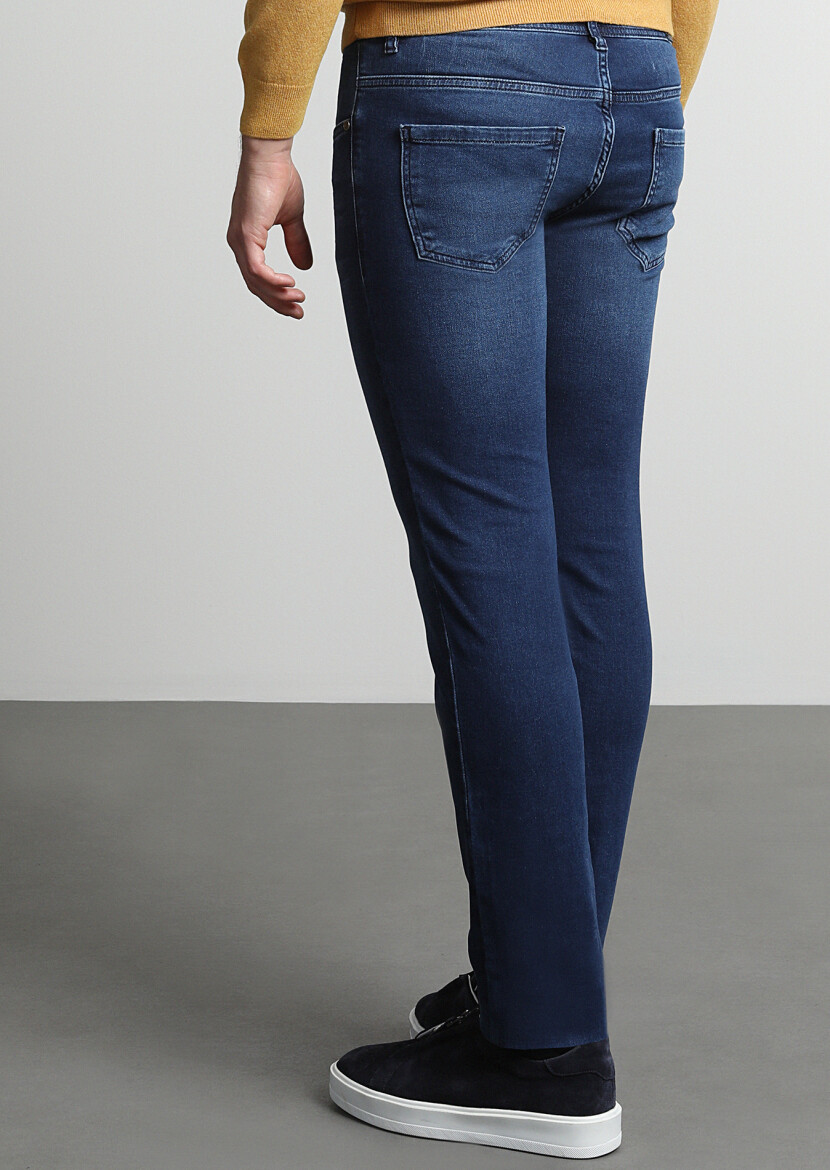 İndigo Düz Slim Fit Denim Pamuk Karışımlı Pantolon - 3