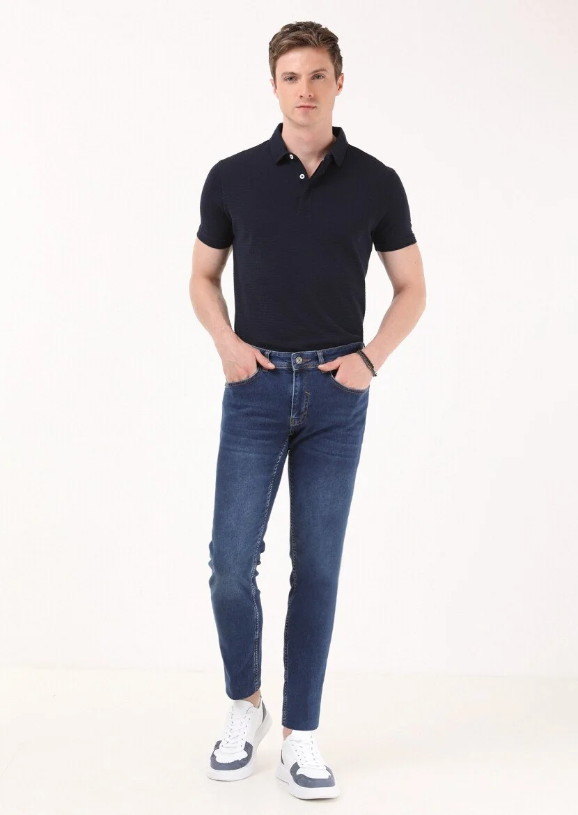 İndigo Düz Slim Fit Denim Pamuk Karışımlı Pantolon - 3