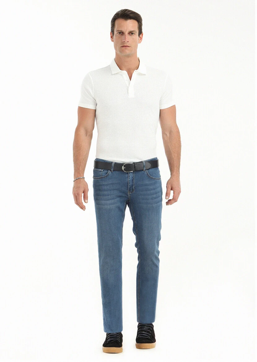 İndigo Düz Slim Fit Denim Pamuk Karışımlı Pantolon - 1