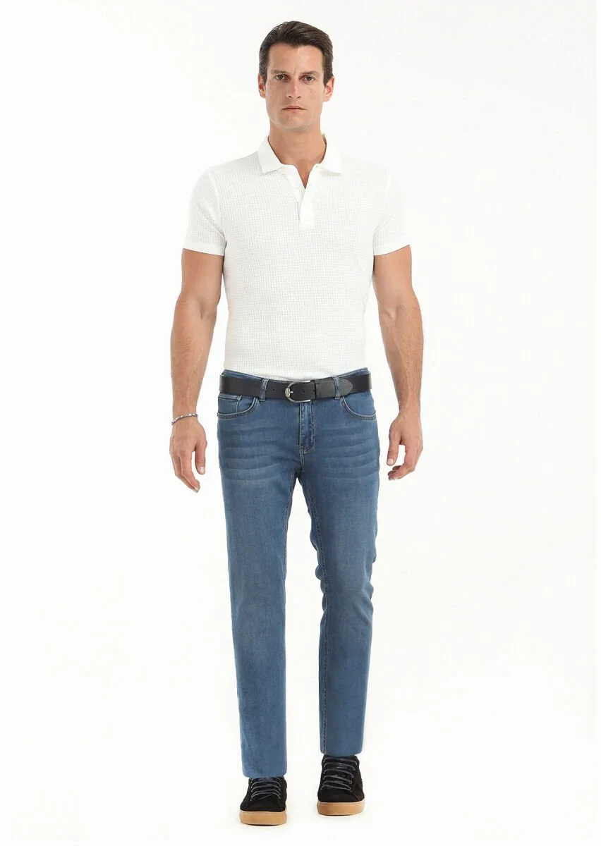 İndigo Düz Slim Fit Denim Pamuk Karışımlı Pantolon - 1