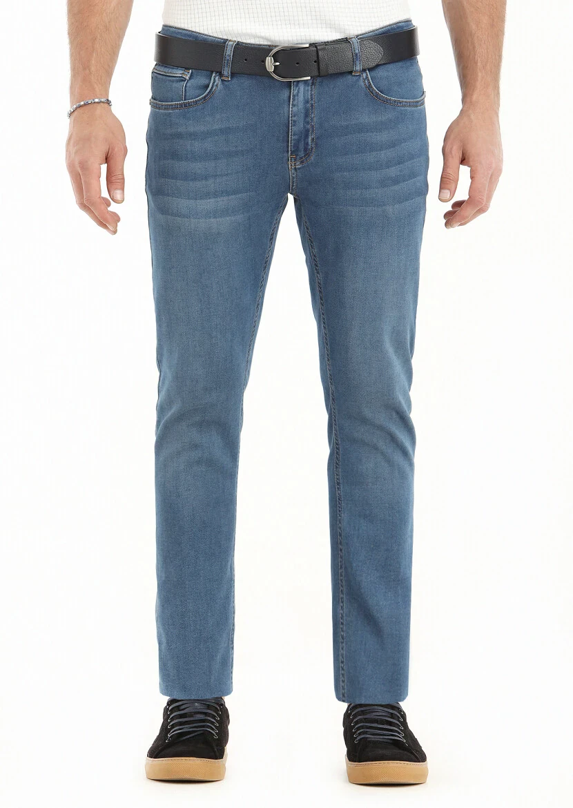 İndigo Düz Slim Fit Denim Pamuk Karışımlı Pantolon - 2