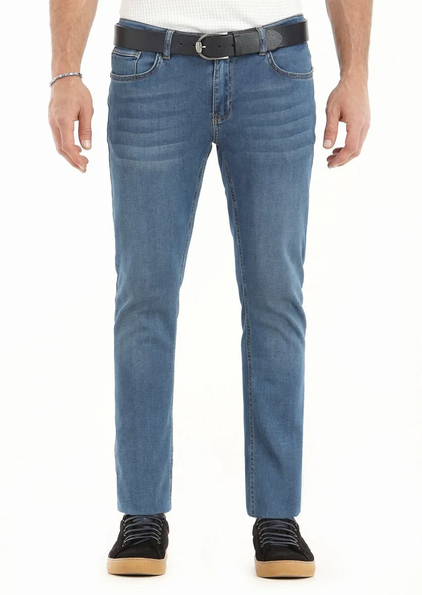 İndigo Düz Slim Fit Denim Pamuk Karışımlı Pantolon - 2