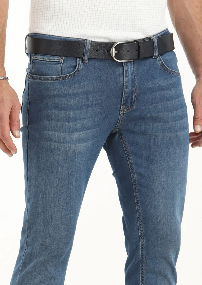 İndigo Düz Slim Fit Denim Pamuk Karışımlı Pantolon - 3