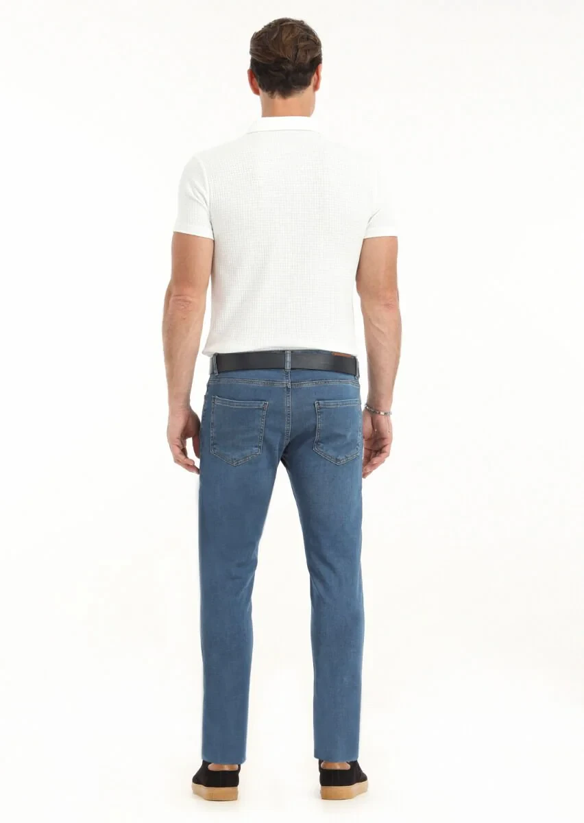 İndigo Düz Slim Fit Denim Pamuk Karışımlı Pantolon - 4