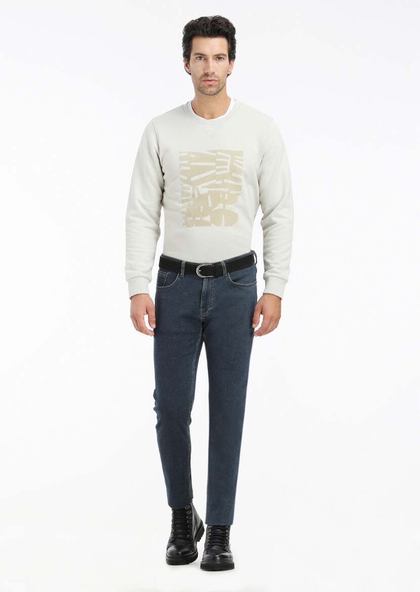 İndigo Düz Slim Fit Denim Pamuk Karışımlı Pantolon - 2