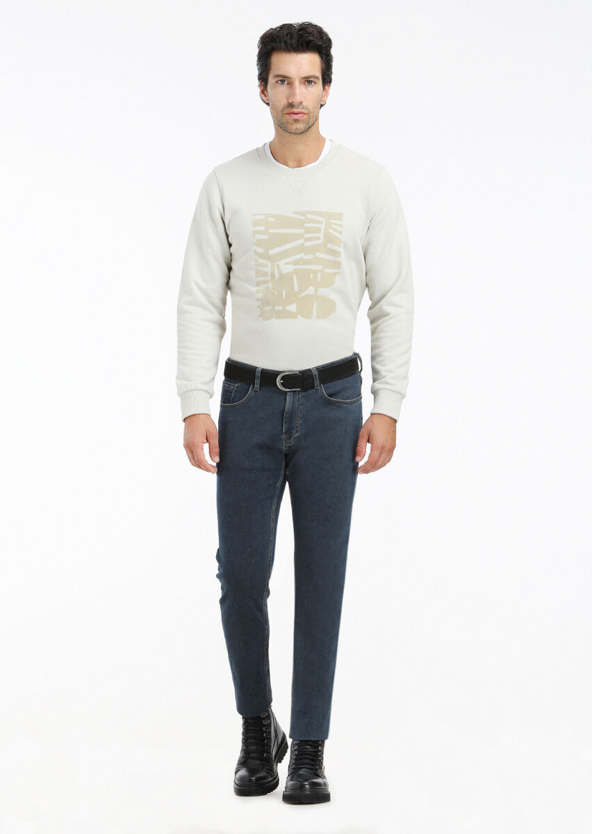 İndigo Düz Slim Fit Denim Pamuk Karışımlı Pantolon - 2