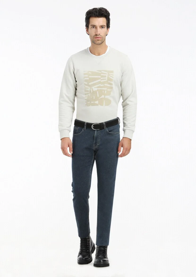 İndigo Düz Slim Fit Denim Pamuk Karışımlı Pantolon - 2