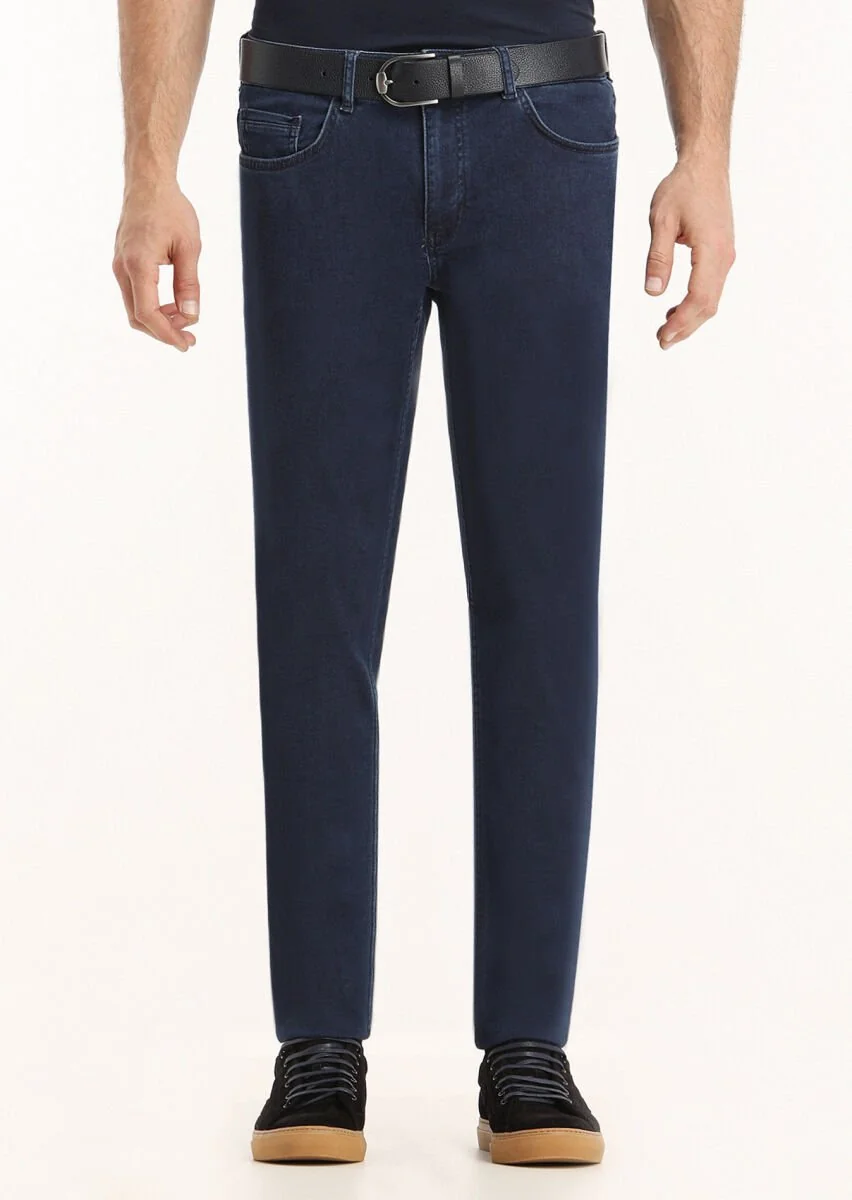 İndigo Düz Slim Fit Denim Pamuk Karışımlı Pantolon - 2