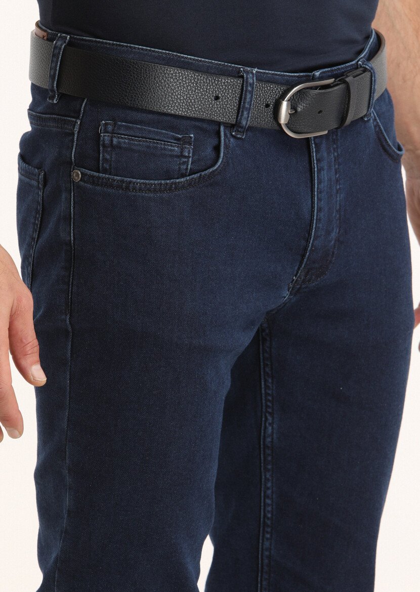 İndigo Düz Slim Fit Denim Pamuk Karışımlı Pantolon - 3