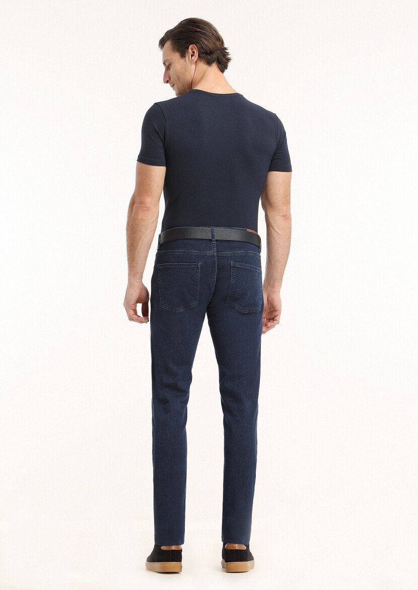 İndigo Düz Slim Fit Denim Pamuk Karışımlı Pantolon - 4