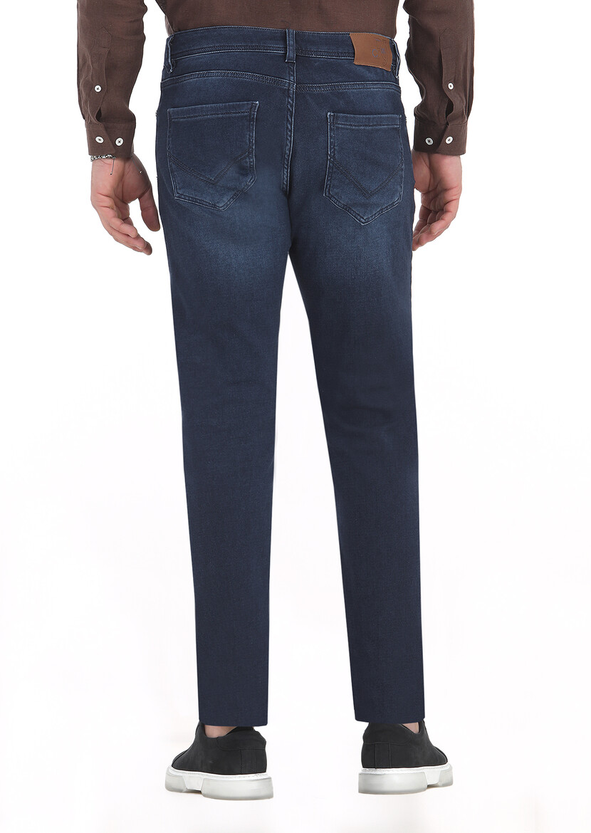 İndigo Düz Slim Fit Denim Pamuk Karışımlı Pantolon - 4