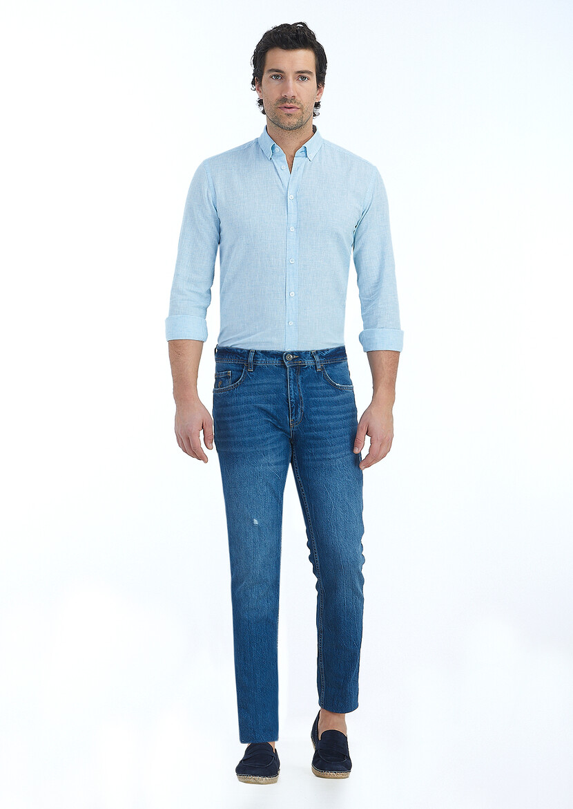 İndigo Düz Slim Fit Denim Pamuk Karışımlı Pantolon - 1