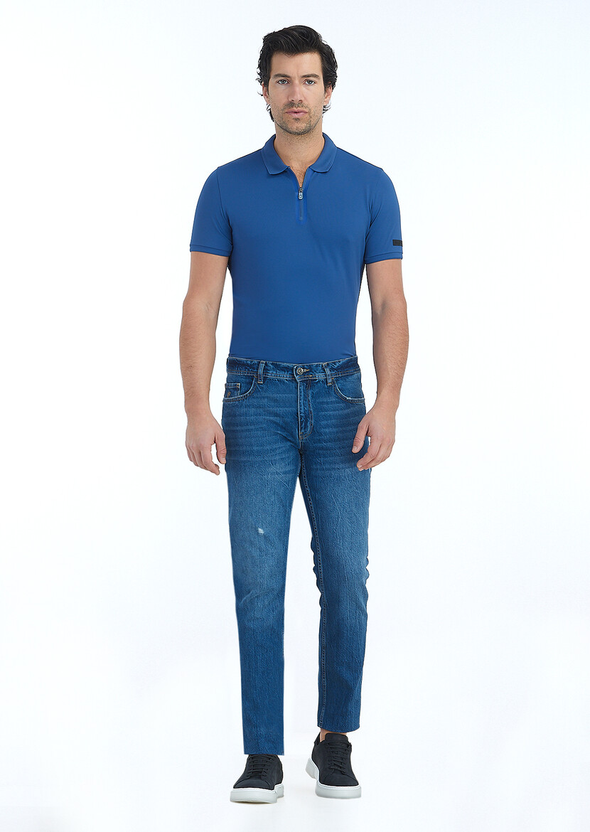 İndigo Düz Slim Fit Denim Pamuk Karışımlı Pantolon - 2