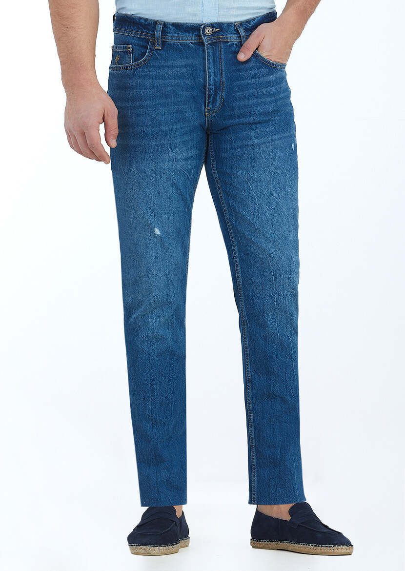 İndigo Düz Slim Fit Denim Pamuk Karışımlı Pantolon - 3