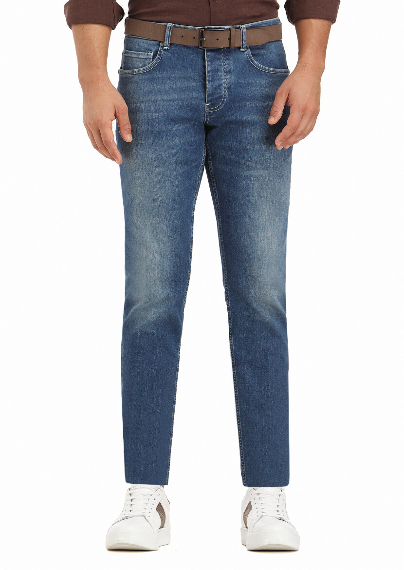 İndigo Düz Slim Fit Denim Pamuk Karışımlı Pantolon - 2