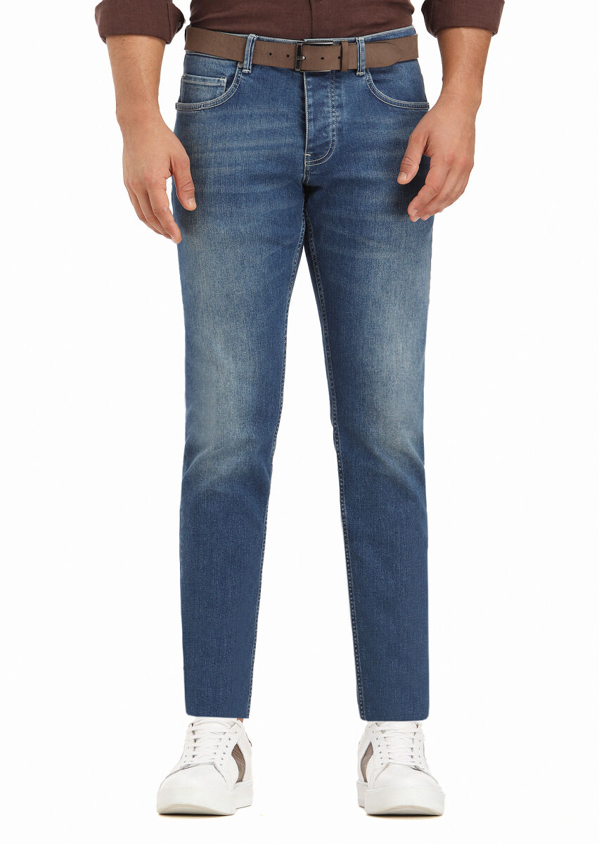 İndigo Düz Slim Fit Denim Pamuk Karışımlı Pantolon - 2