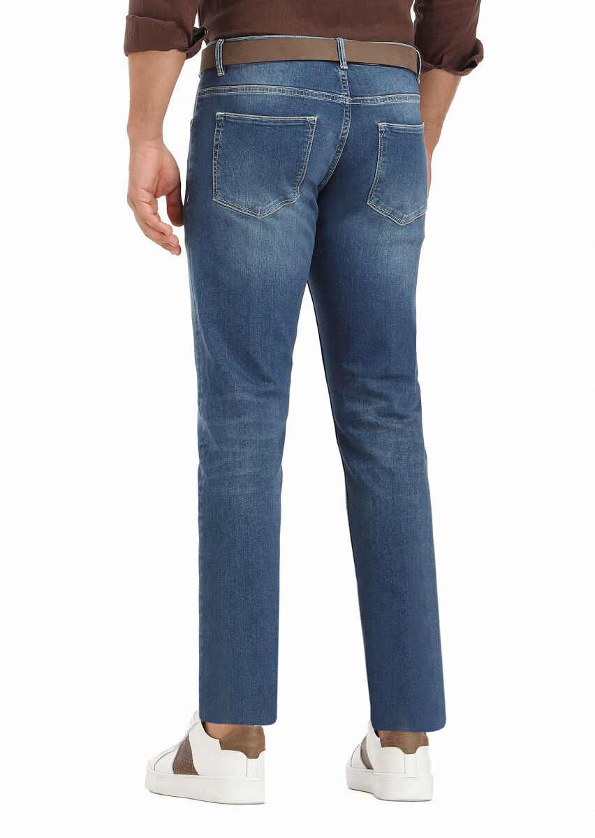 İndigo Düz Slim Fit Denim Pamuk Karışımlı Pantolon - 3
