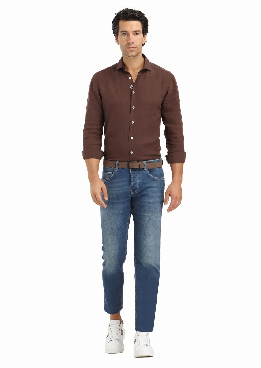 İndigo Düz Slim Fit Denim Pamuk Karışımlı Pantolon - 1