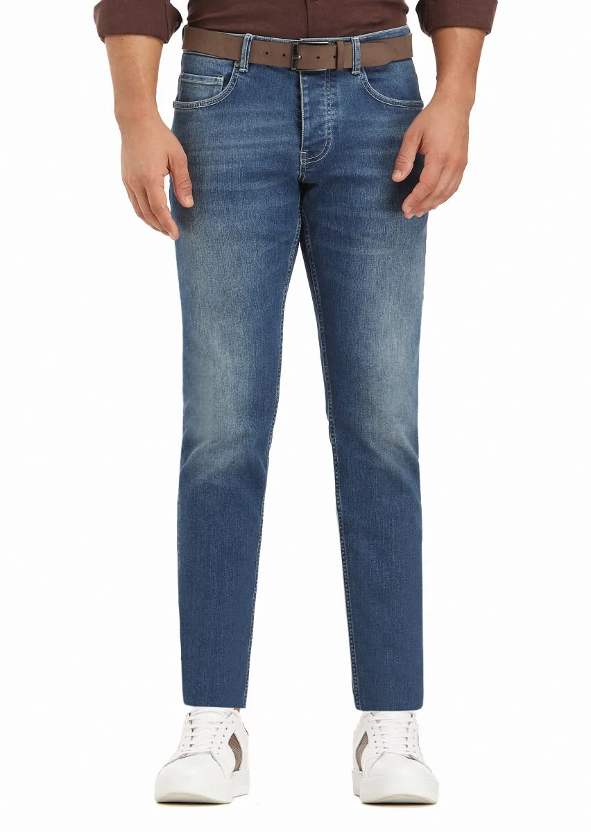 İndigo Düz Slim Fit Denim Pamuk Karışımlı Pantolon - 2