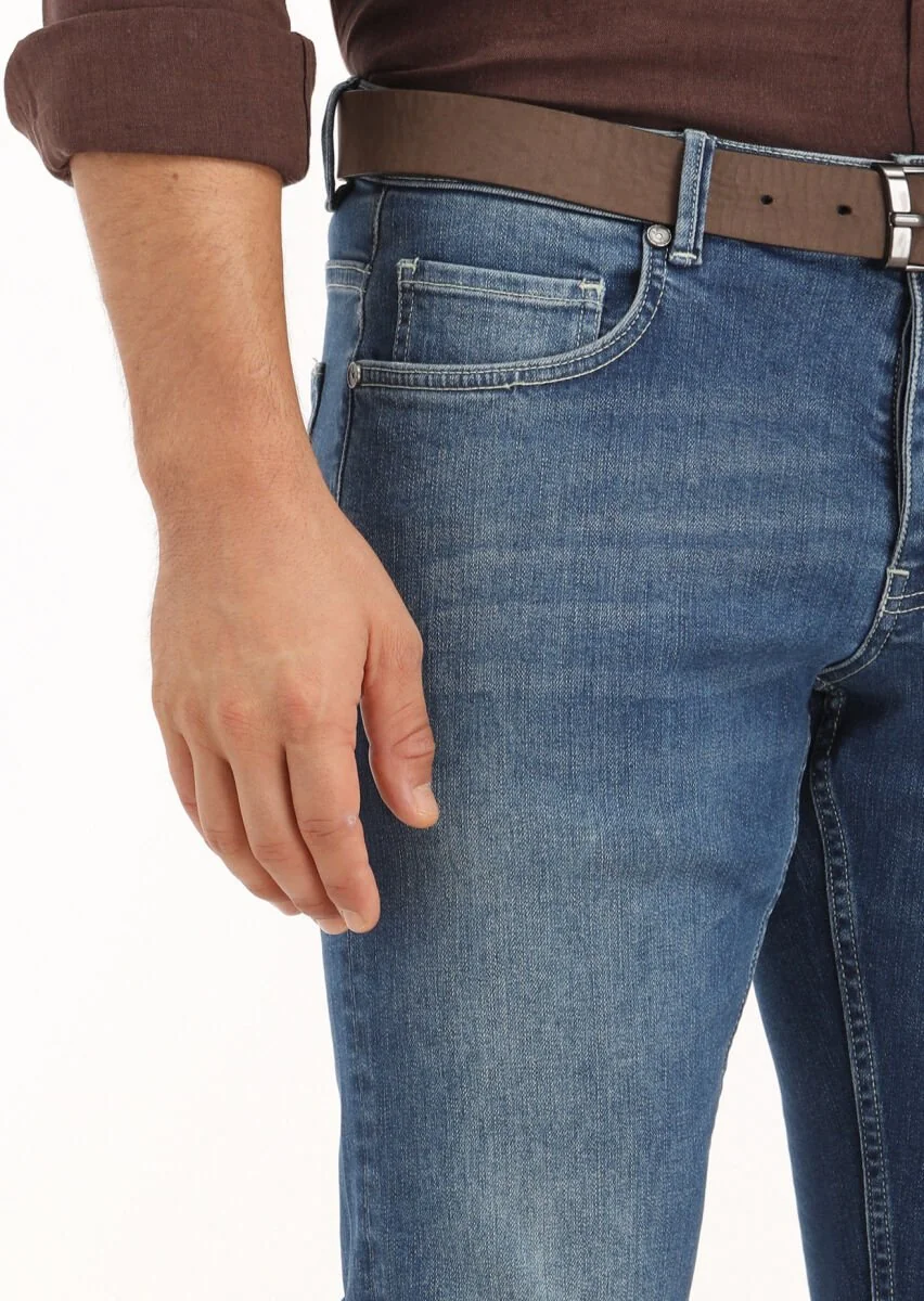 İndigo Düz Slim Fit Denim Pamuk Karışımlı Pantolon - 3