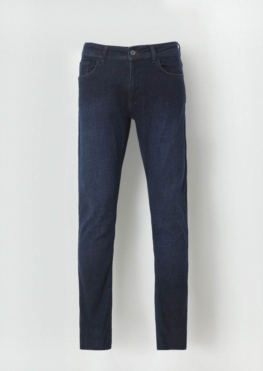 İndigo Düz Slim Fit Denim Pamuk Karışımlı Pantolon - 1